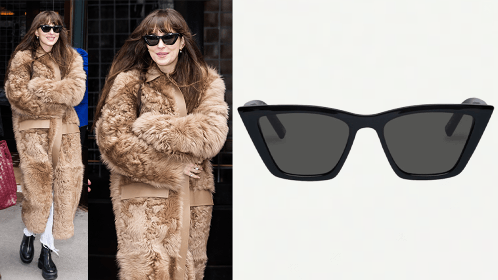 Dakota Johnson outside wearing a brown fur coat, black boots, and black sunglasses; black sunglasses on gray background
