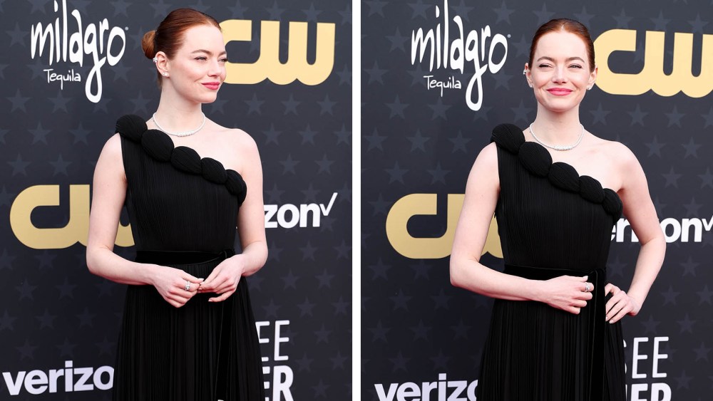 Emma Stone, louis vuitton dress, bb, poor things, at The 29th Critics' Choice Awards held at The Barker Hangar on January 14, 2024 in Santa Monica, California.