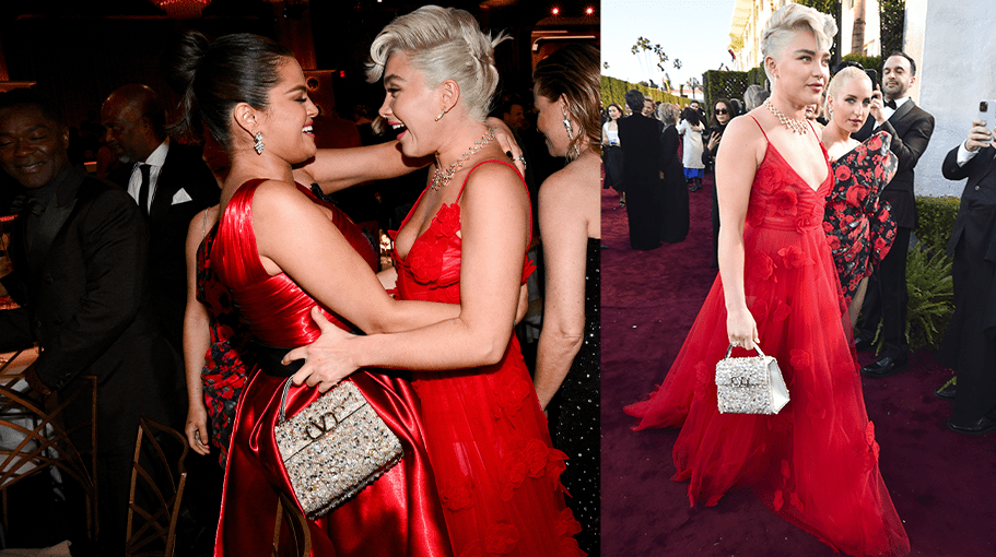 Florence Pugh carrying a opal gray Valentino VSling sequin bag at the 2024 Golden Globe Awards on the red carpet and during the ceremony with Selena Gomez.