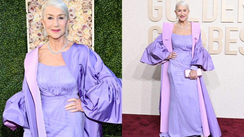 Helen Mirren, purple dress, golden globes, red carpet, celebrity style