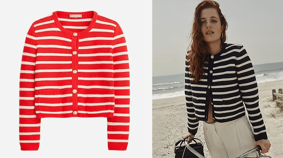 red stripe button-down cardigan; woman wears black strip button-down sweater