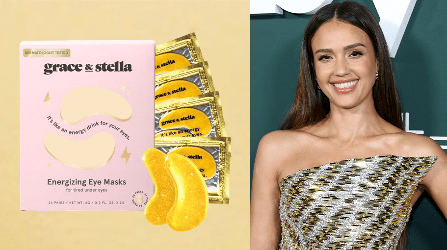 pink box with gold undereye masks; jessical alba