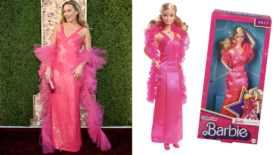 Margot Robbie at the 81st Golden Globe Awards held at the Beverly Hilton Hotel on January 7, 2024 in Beverly Hills, California; Barbie Signature 1977 Superstar Barbie Classic Doll Reproduction