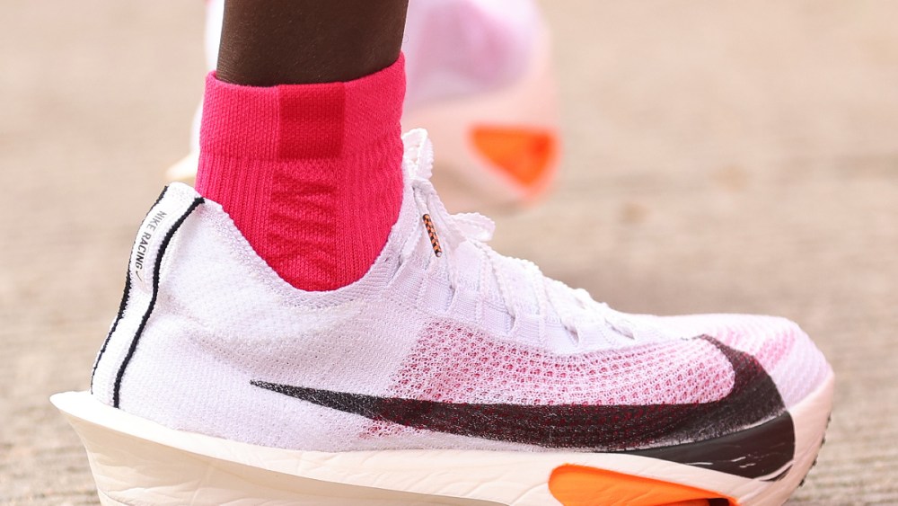 CHICAGO, ILLINOIS - OCTOBER 08: A detai of Kelvin Kiptum of Kenya shoes after winning the 2023 Chicago Marathon professional men's division and setting a world record marathon time of 2:00.35 at Grant Park on October 08, 2023 in Chicago.