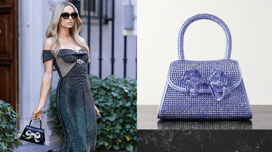 Paris Hilton carrying a black handbag with a silver bow; purple crystal handbag with a bow.