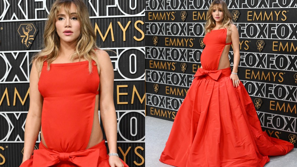 pregnant suki waterhouse, emmy awards 2024, emmys, baby bump, valentino dress, red valentino dress, suki waterhouse valentino