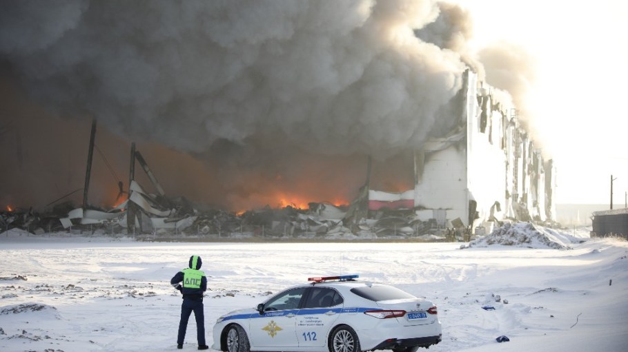 Smoke rises after fire broke out at a warehouse of the Russian Internet store Wildberries in Shushary of St. Petersburg, Russia on Jan. 13.