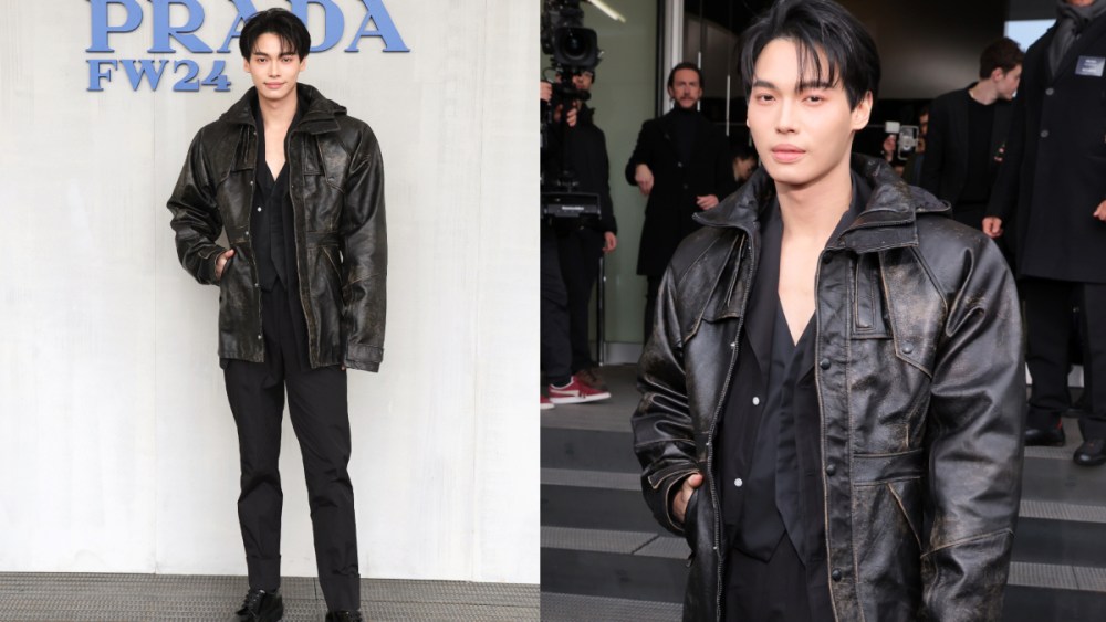 Metawin, Win Metawin, Prada fashion show, house ambassador, prada men's 2024 fall, Prada front row, Metawin leather jacket,