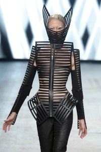 A model on the runway at Gareth Pugh's spring 2012 show.
