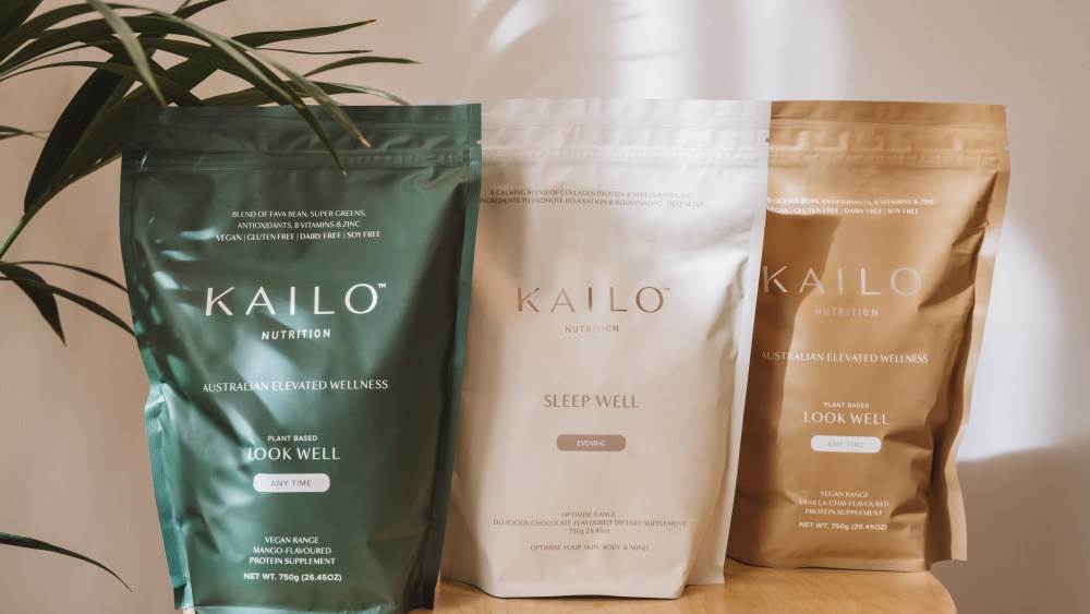 Three Kailo Nutrition powder products infused with collagen and superfoods.