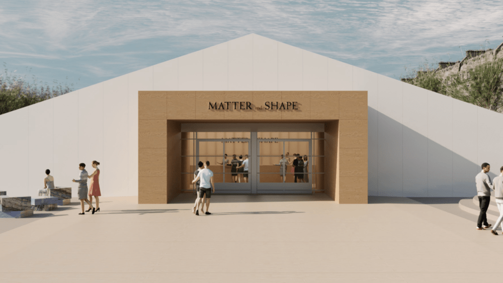 A rendering of the Matter and Shape trade show tent designed by Willo Perron in the Tuileries Gardens in Paris.