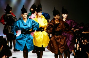Model Mounia Orosemane walks in Claude Montana Fall 1985 Ready to Wear Runway Show on March 23, 1985, in Paris, France.