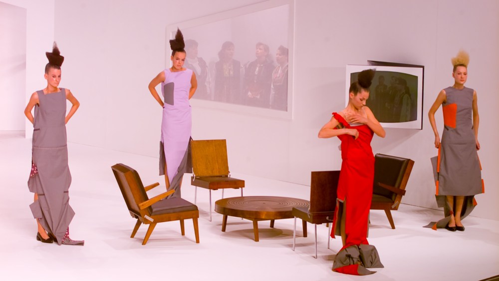 A model at the Hussein Chalayan Fall 2000 show in London.