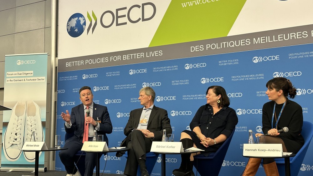 PVH Michael Bride, IndustriALL Global Union Atle Høie, member German parliament Barbel Kofler, OECD's Hannah Koep-Andrieu (L-R) Forum on Due Diligence in the Garment and Footwear Sector