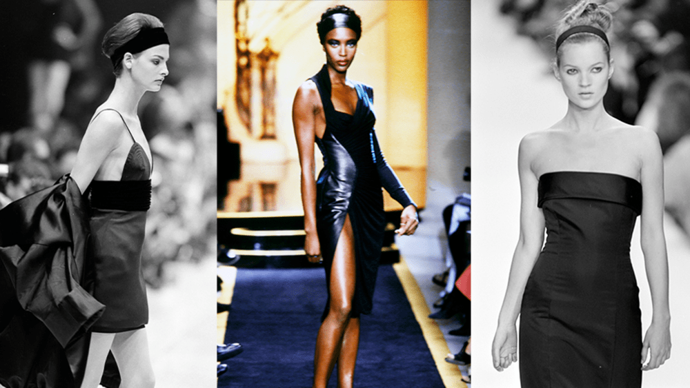 Linda Evangelista, Naomi Campbell, and Kate Moss wear elastic headbands on '90s runways