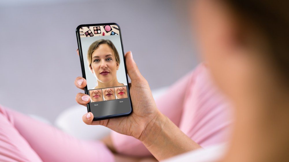 Try Virtual AR Makeup. Woman Using Beauty Digital Technology