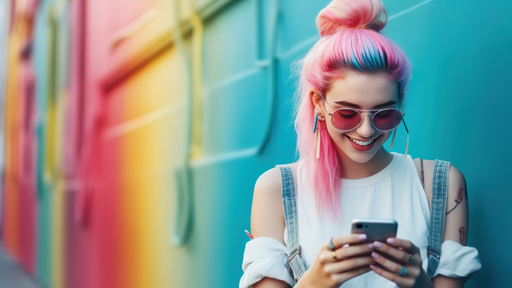A hipster teenage girl with pink pigtails uses a smartphone on the background of a multi-colored street wall.