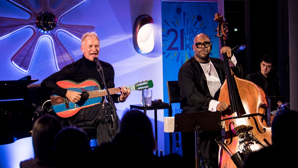 Sting and Christian McBride at the Jazz House Kids fundraiser at the Ralph Pucci gallery.