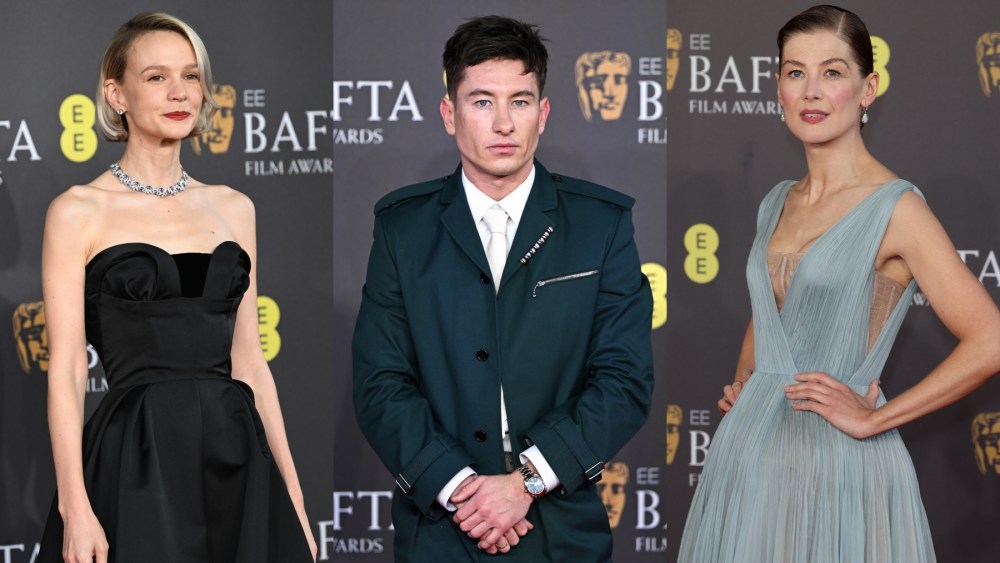 Carey Mulligan, Barry Keoghan and Rosamund Pike attend the 2024 BAFTA Awards on Feb. 18 in London, baftas red carpet fashion celebrity style looks