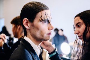 Backstage at the Thom Browne fall 2024 ready-to-wear show at New York Fashion Week.