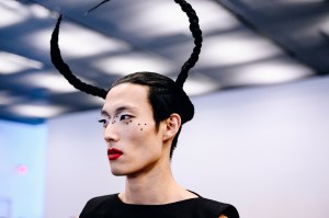 Backstage at the Thom Browne fall 2024 ready-to-wear show at New York Fashion Week.
