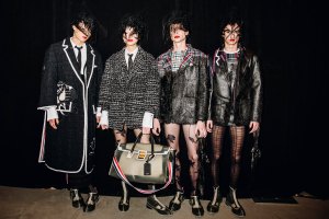Backstage at the Thom Browne fall 2024 ready-to-wear show at New York Fashion Week.