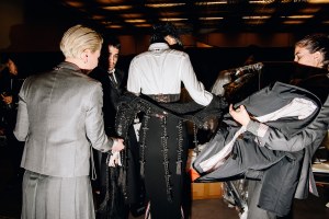 Backstage at the Thom Browne fall 2024 ready-to-wear show at New York Fashion Week.