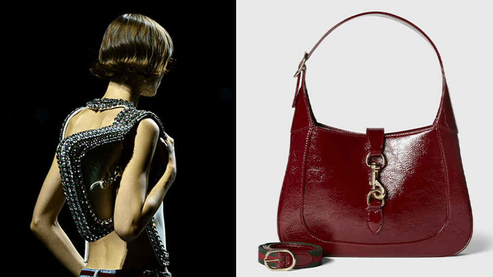 a model on Gucci's 2024 spring runway carrying one of the best Gucci handbags, Gucci's new Jackie handbag in Rosso red