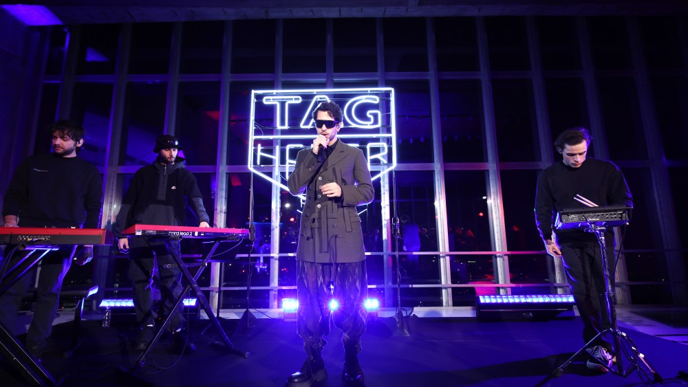 MILAN, ITALY - FEBRUARY 01: Mahmood performs at the TAG HEUER Eyewear Launch with Thélios at Pirelli Tower on February 01, 2024 in Milan, Italy. (Photo by Daniele Venturelli/Getty Images for Thelios)