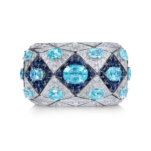 David Morris Starburst cuff in 18-karat white gold with blue sapphires, Paraiba tourmalines and white diamonds.