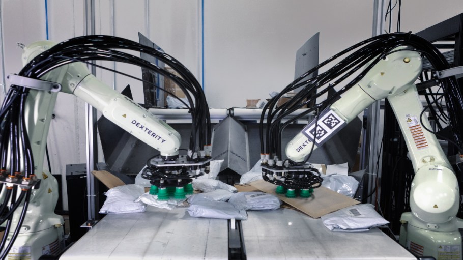 Dexterity robots work to package goods.