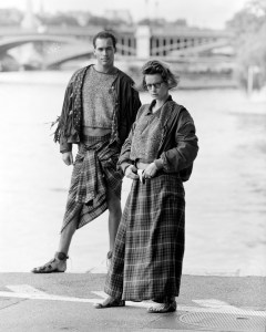 Models pose in Jean Paul Gaultier's pantskirt and sarong for fall.