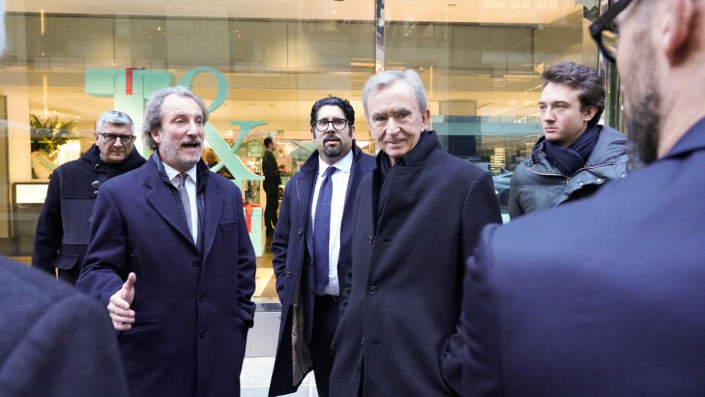 WWD unofficially tagged along as Arnault was guided through Tiffany's historic store. Arnault perused the store for approximately 75 minutes accompanied by his sons Alexandre (ceo of Rimowa) and Frédéric (strategy and digital director of Tag Heuer), as well as LVMH group managing director Antonio Belloni; Anish Melwani, chairman and ceo of LVMH Inc., and Alessandro Bogliolo, ceo of Tiffany. (Photo by George Chinsee/WWD/Penske Media via Getty Images)