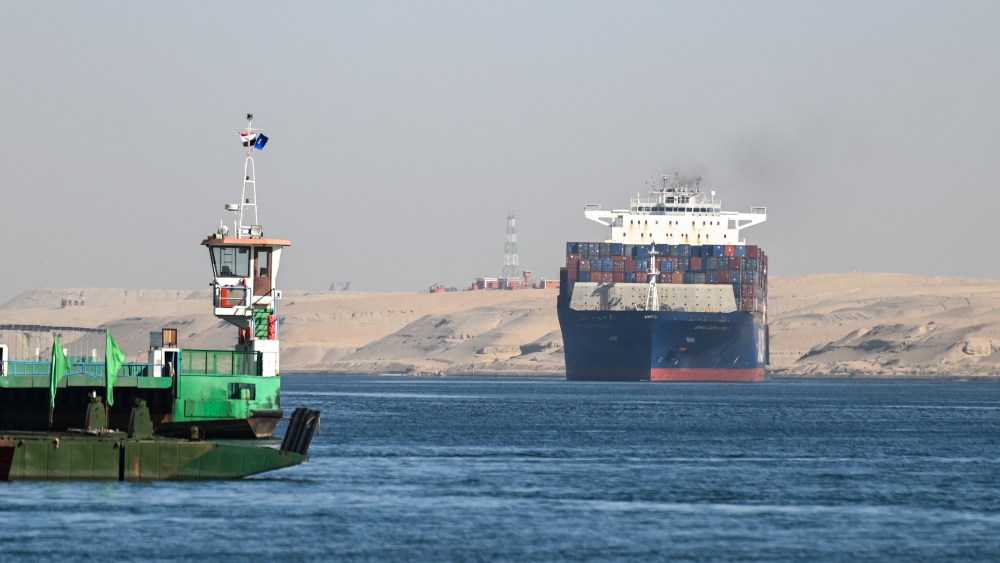 ISMAILIA, EGYPT - JANUARY 10: A ship transits the Suez Canal towards the Red Sea on January 10, 2024 in Ismailia, Egypt. In the wake of Israel's war on Gaza after the October 7 Hamas attack on Israel, Houthi rebels in Yemen pledged disruption on all ships destined for Israel through the Red Sea's Suez Canal. The disruption on world trade is evident in the number of companies using this container ship route - a 90 per cent decline compared to figures one year ago. (Photo by Sayed Hassan/Getty Images)