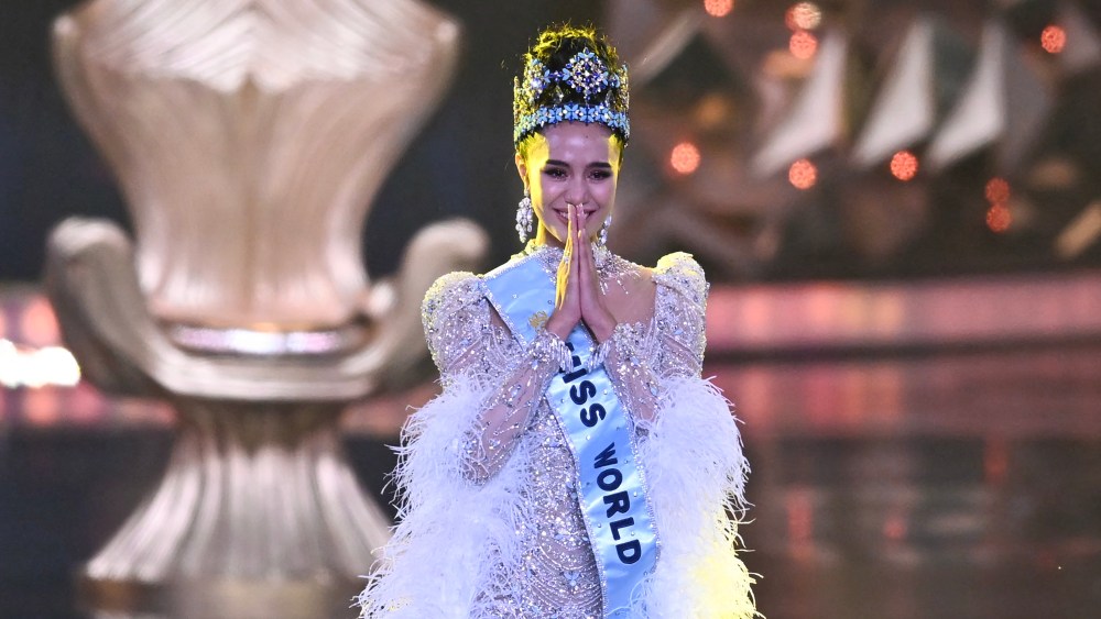 Thailand's Opal Suchata Chuangsri celebrates after winning the 72th Miss World 2025 pageant at the HITEX Exhibition Centre in Hyderabad on May 31, 2025. (Photo by NOAH SEELAM / AFP) (Photo by NOAH SEELAM/AFP via Getty Images)