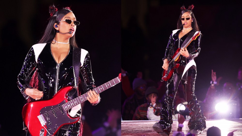 H.E.R. outfit, Super Bowl 2024 halftime show guitarist, performer with Usher