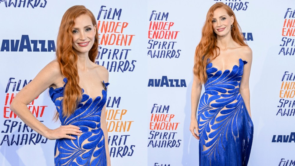 Jessica Chastain wears blue oscar de la renta pre-fall 2024 dress at the 2024 Independent Spirit Awards on Feb. 25 in Los Angeles.
