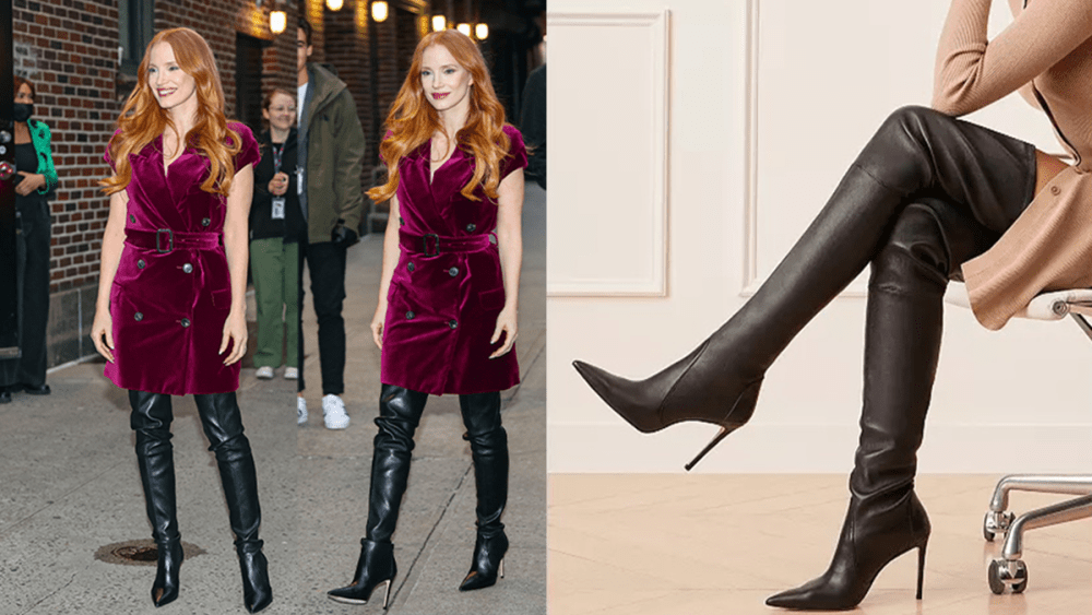 Jessica Chastain in Stuart Weitzman over-the-knee boots; woman in over-the-knee boots
