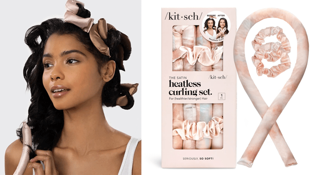 woman using Kitsch hair curlers; kitsch hair curler set