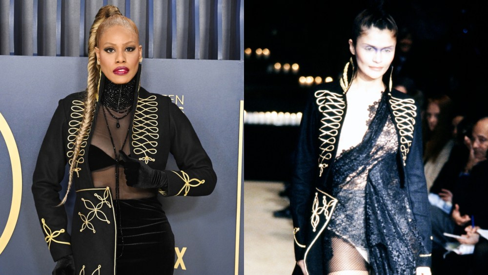 Laverne Cox at the Screen Actors Guild Awards on Feb. 24 in Los Angeles; Helena Christensen walks in Alexander McQueen's fall 1996 fashion show.