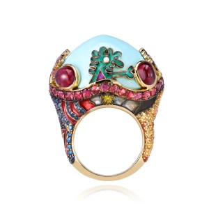 Lydia Courteille Shamans ring in 18-karat gold with sapphires, yellow and orange sapphires, spinel, ruby, turquoise and enamel.
