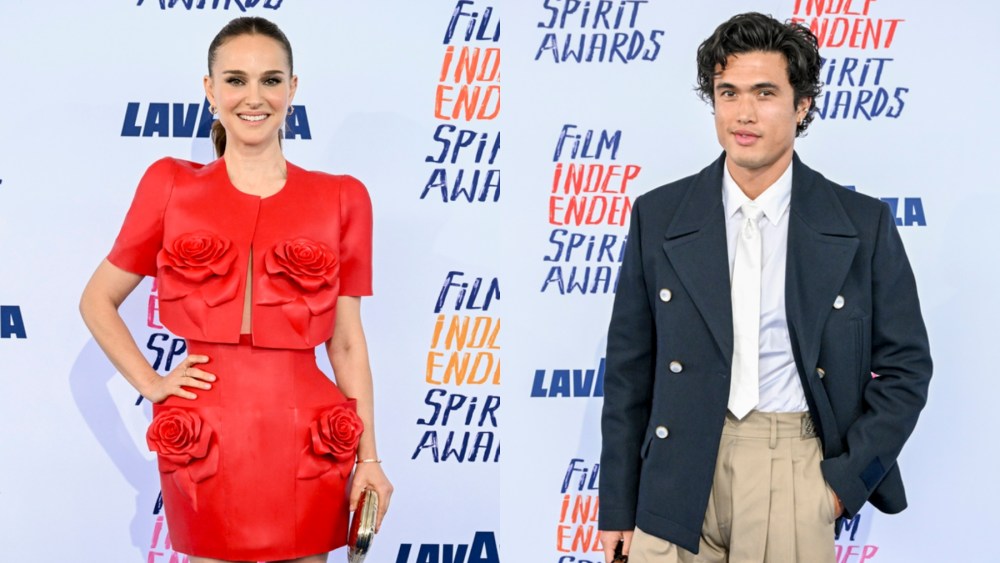 Natalie Portman red rose flower balmian dress, and Charles Melton louis vuitton at the 2024 Independent Spirit Awards on Feb. 25 in Los Angeles.