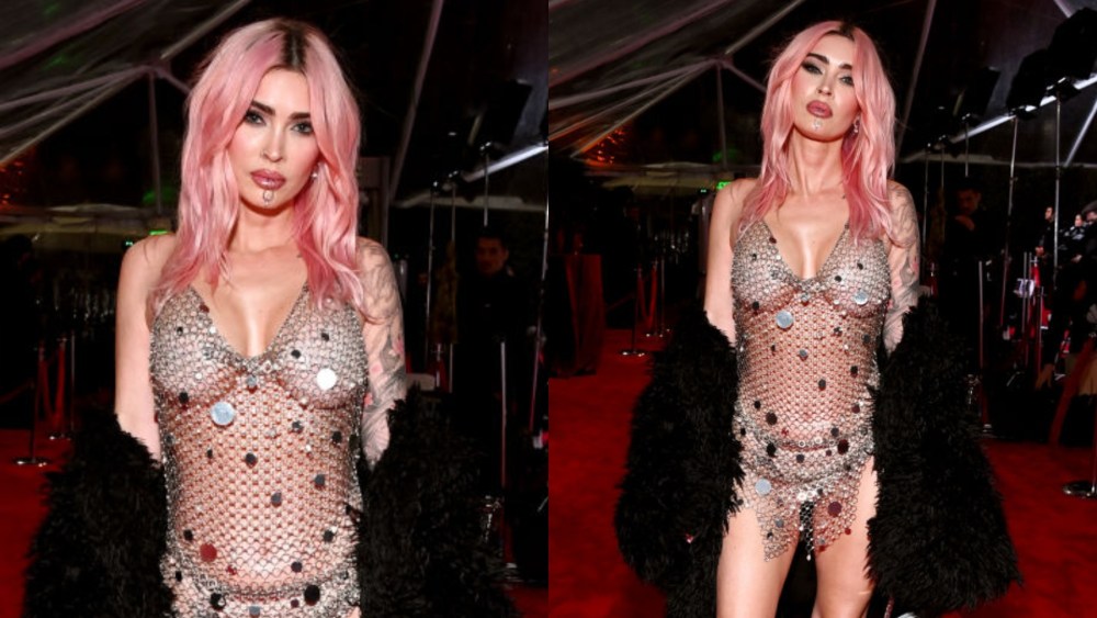 megan Fox mesh grammys dress 2024, pink hair colors, attends the Jam for Janie GRAMMY Awards Viewing Party presented by Live Nation at Hollywood Palladium on February 04, 2024 in Los Angeles, California. (Photo by Araya Doheny/Getty Images  for Janie's Fund)