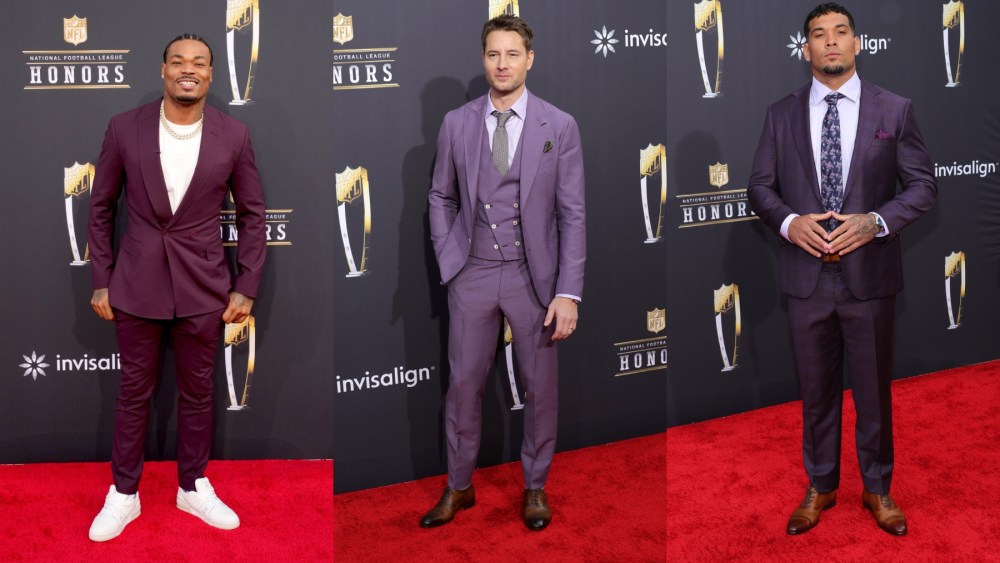NFL Honors 2024, Justin Hartley, purple, red carpet, celebrity style, Derwin James Jr., purple outfits