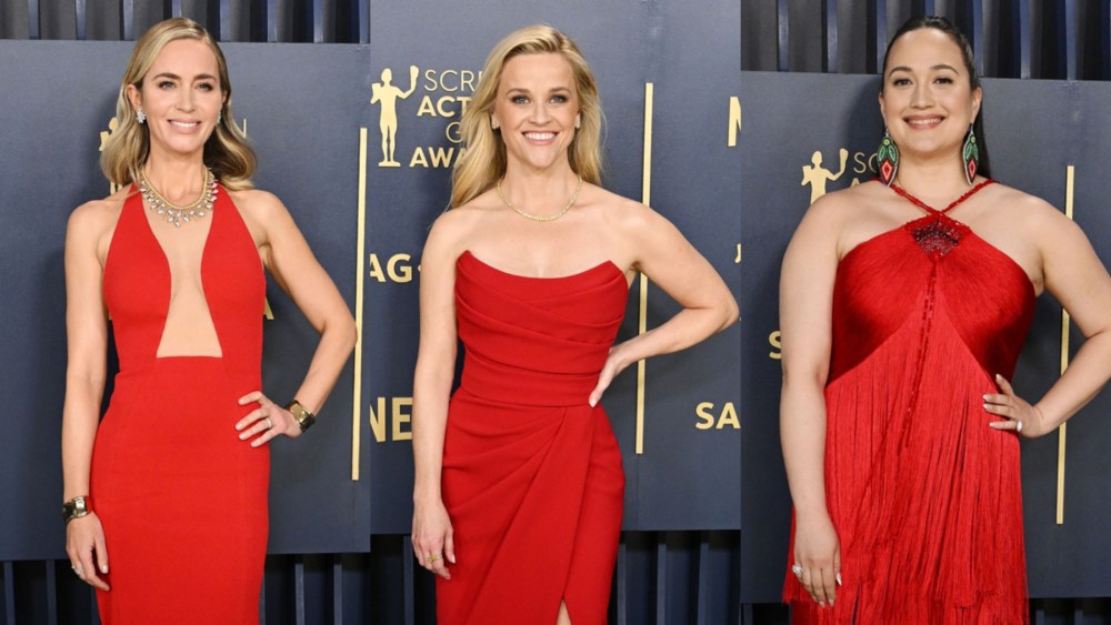 red dresses fashion trend looks at sag awards red carpet 2024, Emily Blunt, Reese Witherspoon and Lily Gladstone at the Screen Actors Guild Awards on Feb. 24 in Los Angeles.