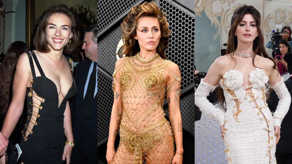 Safety pin dresses worn by Miley Cyrus, Elizabeth Hurley and Anne Hathaway.