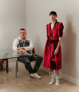 Simon Ungless and model wearing Simon Ungless’ designs