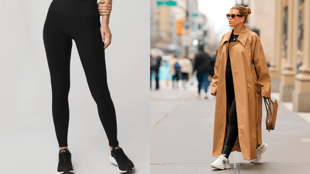 woman wearing black leggings and sneakers in front of a grey background; Sofia Richie Grainge wearing a brown trench coat, black Alo Yoga leggings, sunglasses, white sneakers, and leather bag in New York City