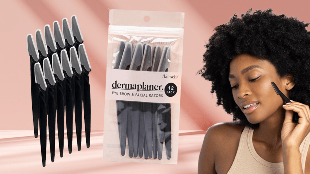 pack of 12 black face razors; woman shaving face with small face razor; pink shadow background