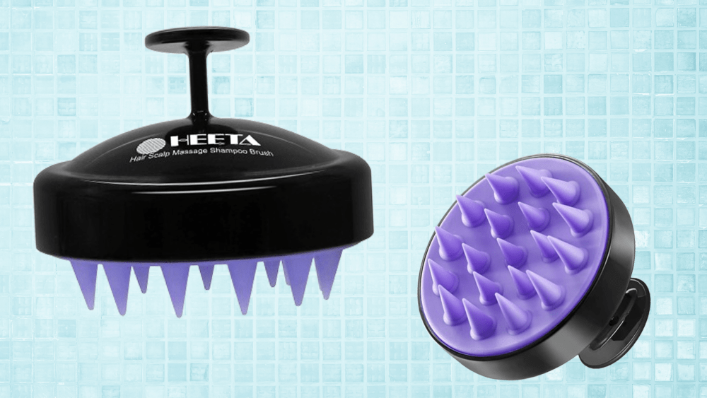 two images of a black and purple hair scalp massager; blue shower tile background